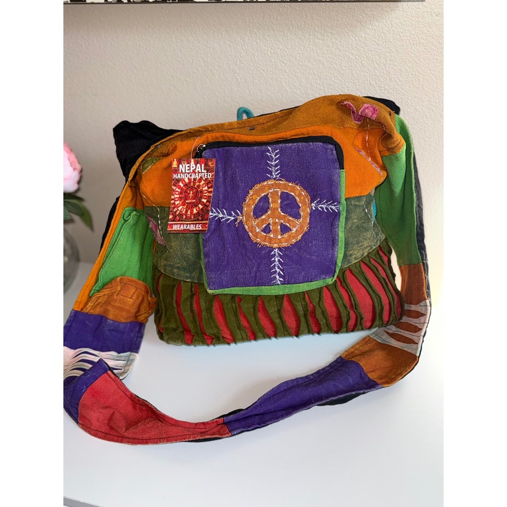 Nepal Handcrafted Wearables Patchwork Peace Sign Boho Hobo Crossbody Bag New